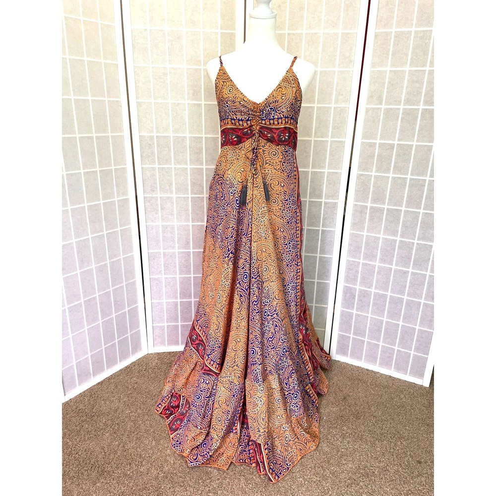 100% Silk Boho Paisley Maxi Dress M Festival Gown Goddess Fairy Romantic Flowy